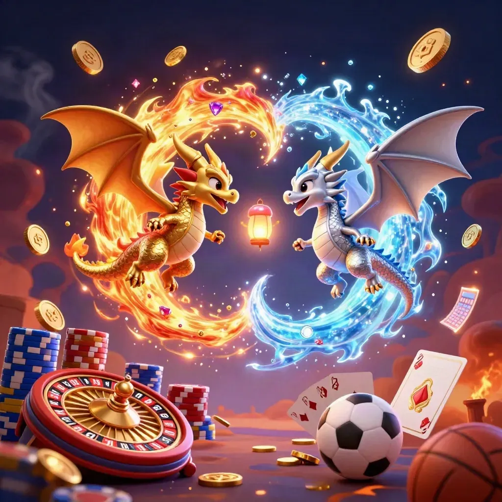 Gold and silver dragons spiral through casino coins, cards, chips, roulette, and sports props.