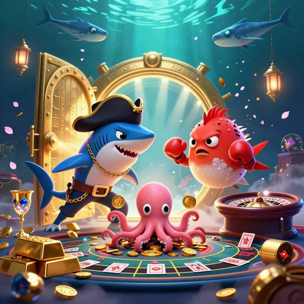 Shark pirate, boxing pufferfish, and juggling octopus amid treasure, casino glow, and underwater magic.