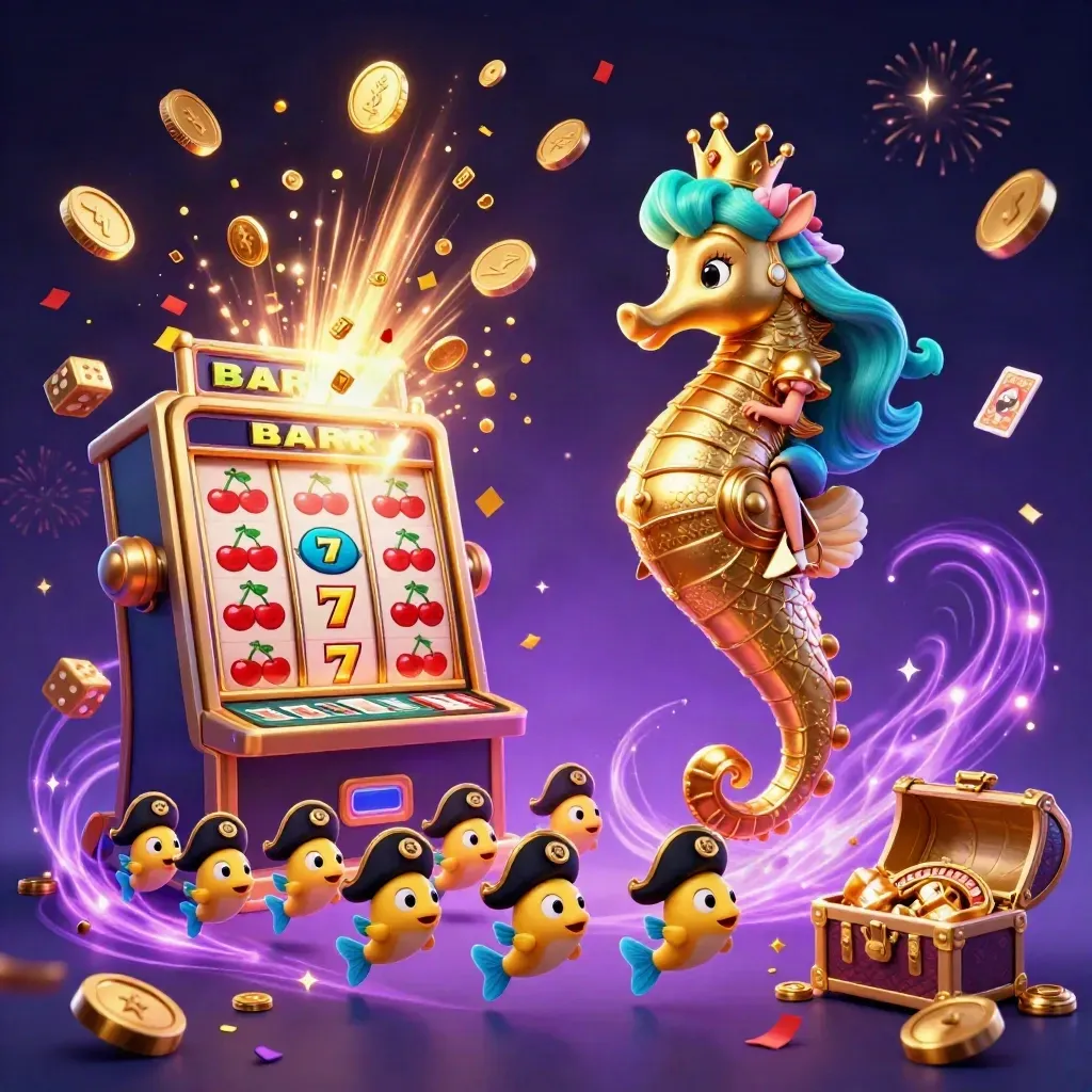 Mermaid princess on a seahorse amid slot coins, fireworks, treasure, and casino tables
