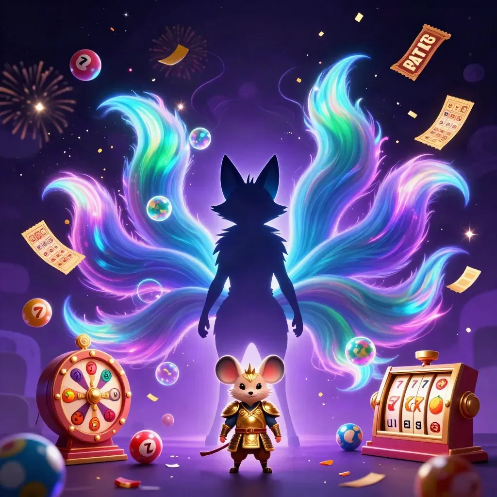 Fox spirit and samurai mouse amid glowing casino relics, lottery balls, and magical neon effects.