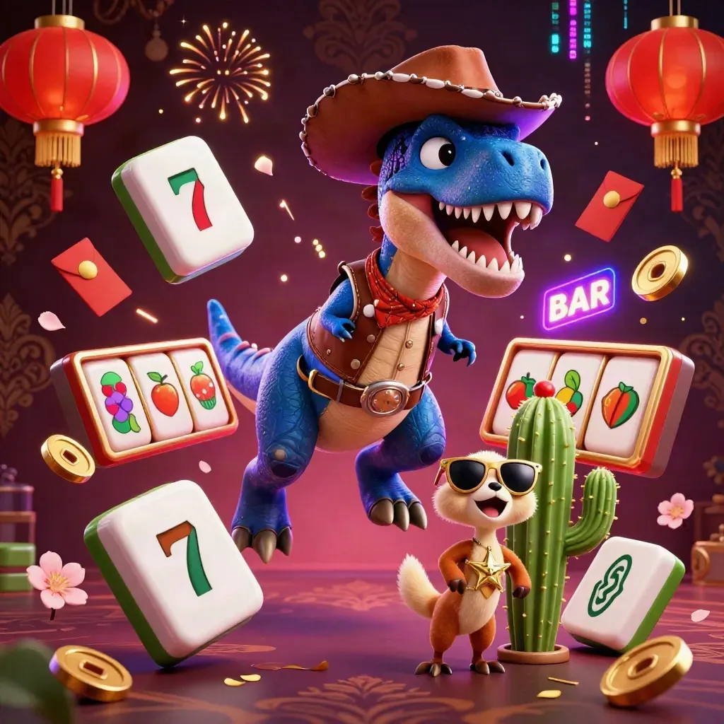Cowboy T-Rex, cactus sidekick, and roadrunner amid casino symbols and neon cosmic gold glow.