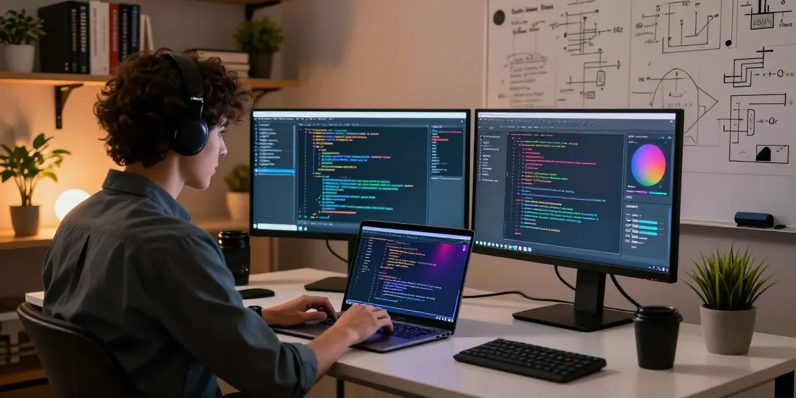 Ruang kerja modern dengan individu coding menggunakan halte4d, layar berwarna-warni dan buku teknologi di sekitarnya.